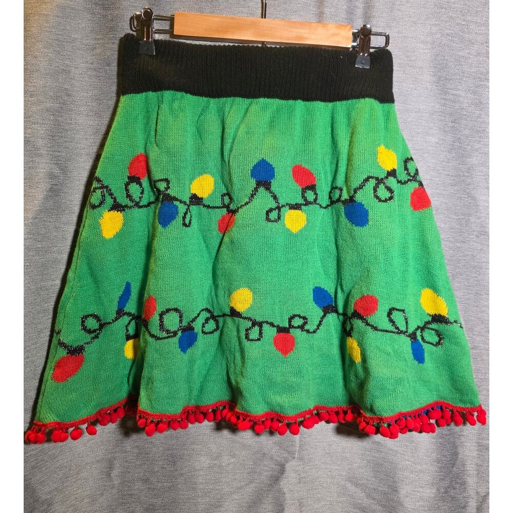 Christmas Ugly Sweater Knit Skirt Size M Green Red Lights Unique